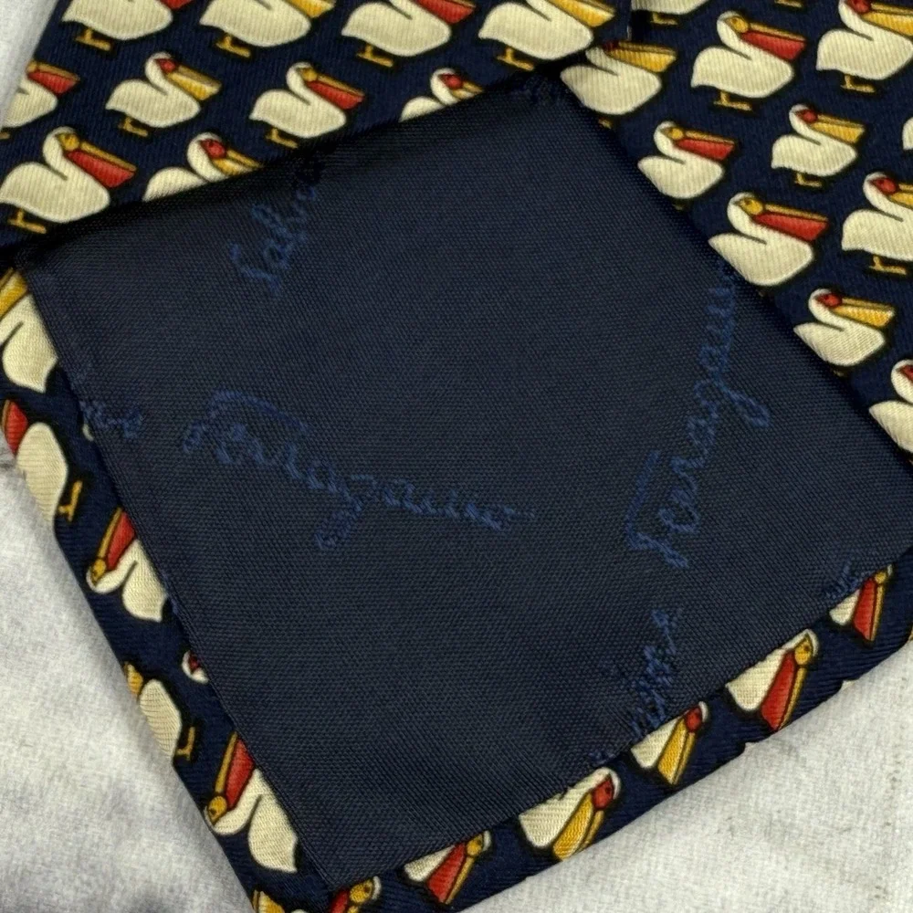 Salvatore Ferragamo Blue Silk Tie Pelican AOP Animal Print 59